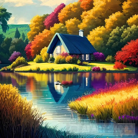 Beautiful Nature Scenery With Cottage And Lake Landscape Ai Art