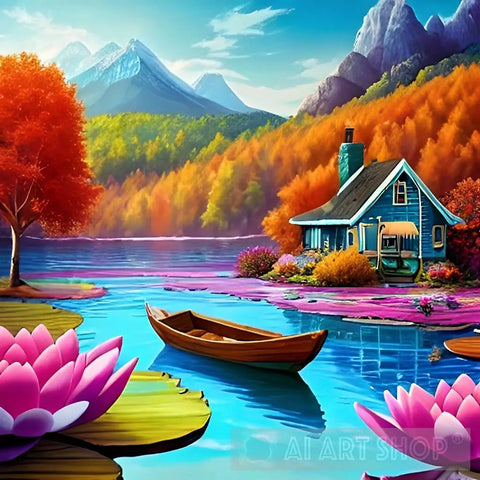 Beautiful Nature Scenery With Cottage Lake Boat And Flowers Landscape Ai Art