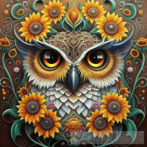 Beautiful Owl In The Shape Of A Sunflower. Animal Ai Art