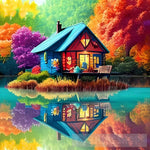 Beautiful Scenery With Blue Cabin And Lake Water Landscape Ai Art