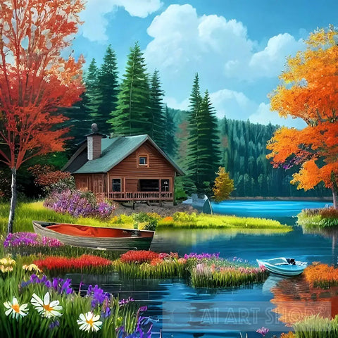 Beautiful Scenery With Cottage Lake And White Meadow Flowers Landscape Ai Art