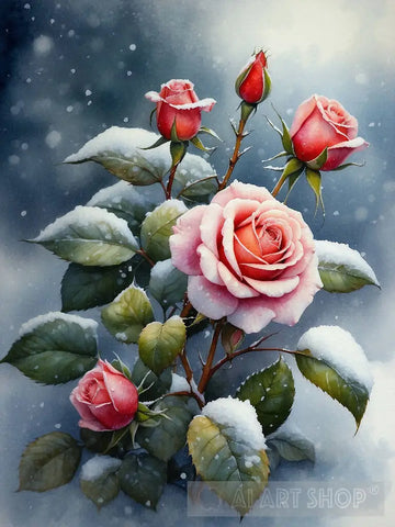 Beautiful Watercolor Sketching Of Roses Covered With Snow Ideal Composition Ai Painting