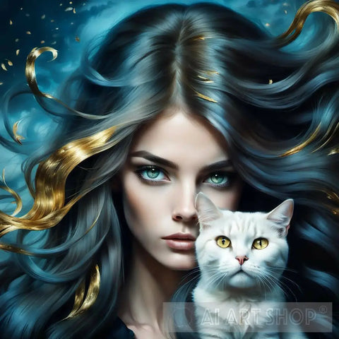 beautiful women with her cat and billowing blue and gold hair with