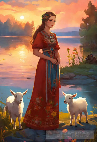 Beautiful Women With Sheep Ai Painting