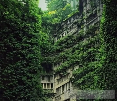 Big City In Ruin Lost To Time Nature Taking Over The Vines Running Up Sides Of Buildings Trees