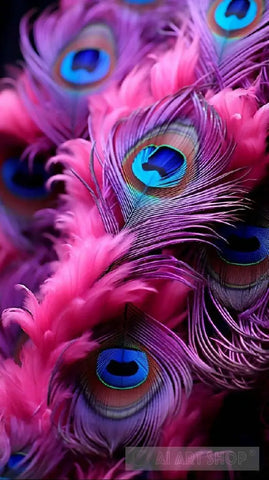 ’Birds’ Radiance: Peacock Feathers In Pink Purple And Blue’ Portrait Ai Art