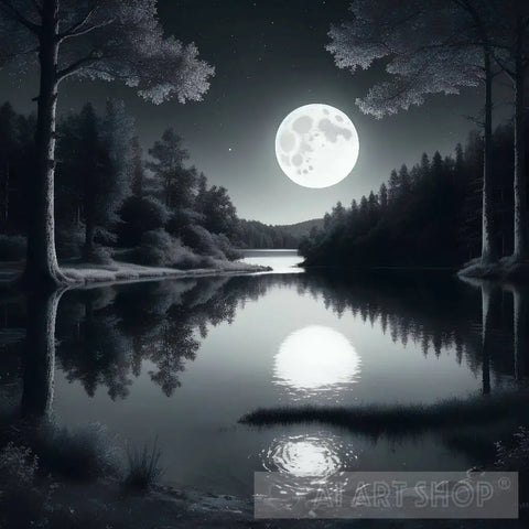 Black And White Drawing The Lake Stars In Forest Moon Sky Landscape Ai Art