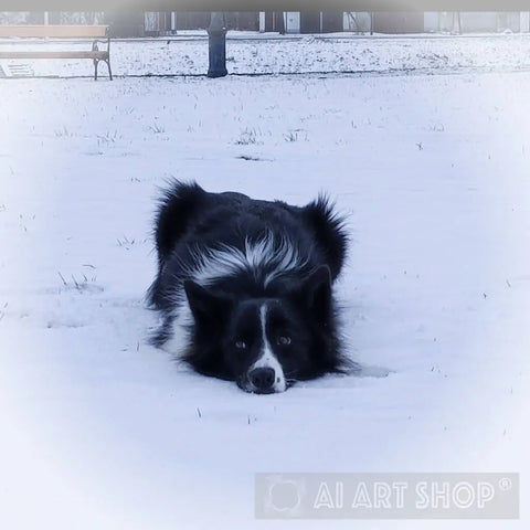 Black Dog On White Snow. Animal Ai Art