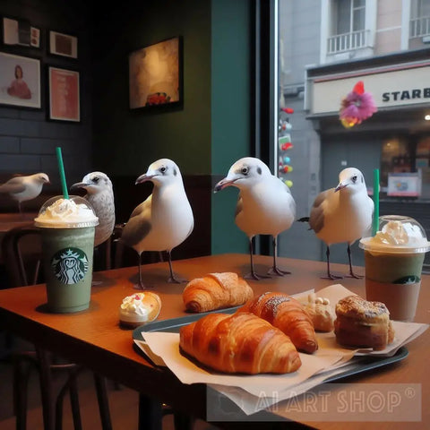 Black Headed Gull Family In Starbucks Ai Artwork