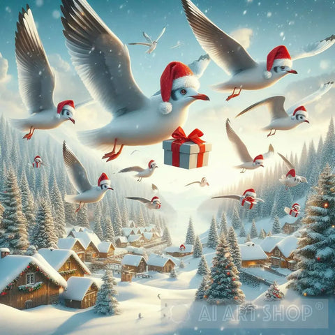 Black Headed Gulls Delivering Packages For Christmas Ai Artwork