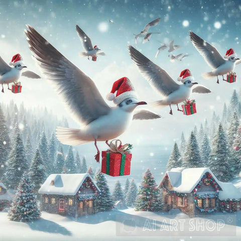 Black Headed Gulls Delivering Presents For Christmas Ai Artwork