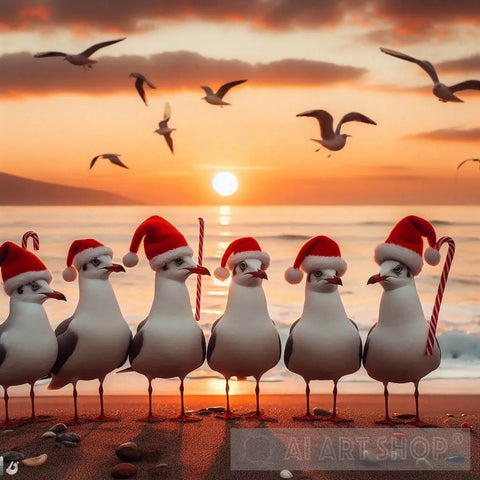 Black Headed Gulls Wearing Santa Hats On A Beach Sunset Ai Artwork