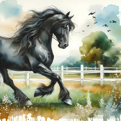 Black Horse In The Field Ai Painting