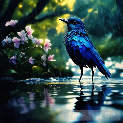 Blue Bird In The Rain Animal Ai Art