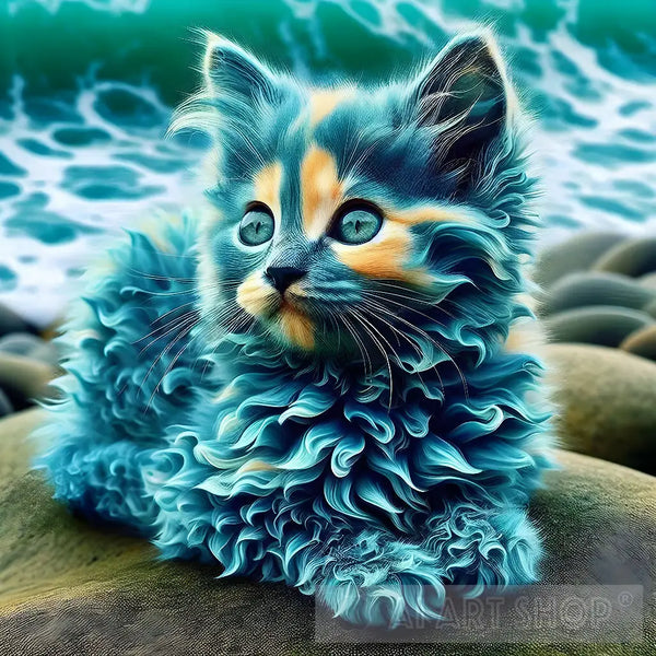 Blue Cat on the Beach Wall Art - Whimsical Coastal Decor for Charmi