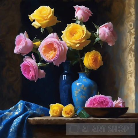 Blue Ceramics With Damask Roses Still Life Ai Art