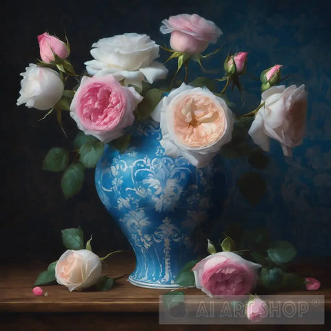 Blue China Vase With Damask Roses Still Life Ai Art