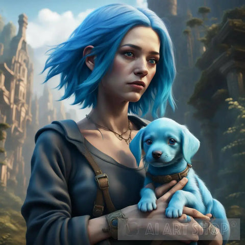 Blue Hair Woman And Dog Ai Artwork