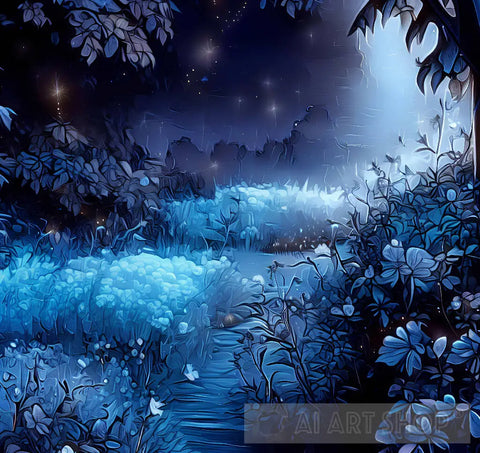 Blue Night Garden Nature Ai Art