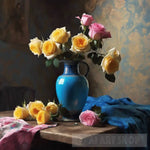 Blue Pitcher With Yellow And Pink Roses Still Life Ai Art