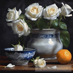 Blue Pottery With White Roses And An Orange Fruit Still Life Ai Art