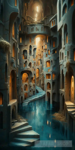 Blue Scene A Canal Is Shown Flowing Through City Architecture Ai Art