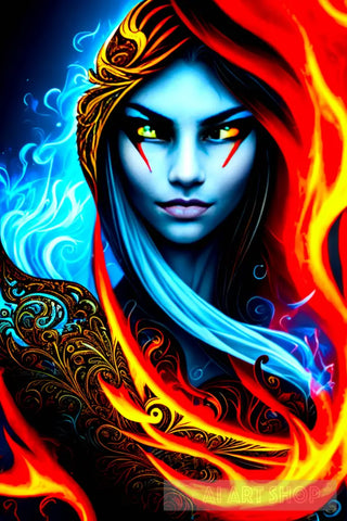 Blue Woman With Burning Red Hair Portrait Ai Art