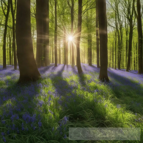 Bluebells In The Woods With Sun Shining Through Trees Nature Ai Art