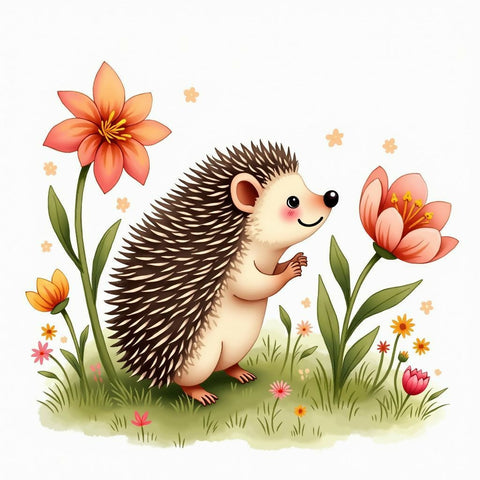 Friendly Hedgehog in Flower Garden