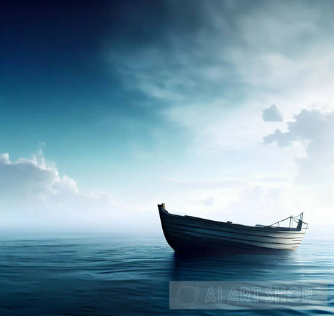 Boat In The Sea On A Background Of Blue Sky With Clouds Nature Ai Art