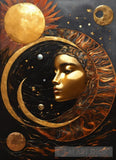 Bold Painting With Sun And Moon In Black Gold Copper. Abstract Ai Art