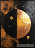 Bold Painting With Sun And Moon In Black Gold Copper. Abstract Ai Art