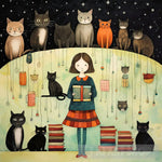 Book-Loving Girl And Cats Ai Artwork