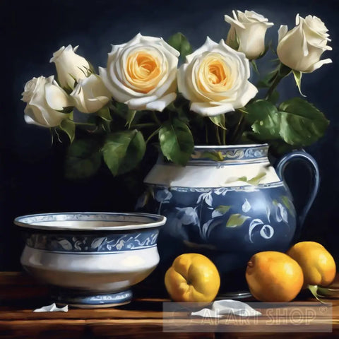 Bowl And Jug With Roses Fruit Still Life Ai Art