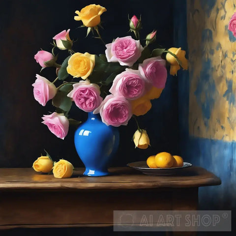 Bright Pastel Damask Roses In Blue Vase Still Life Ai Art