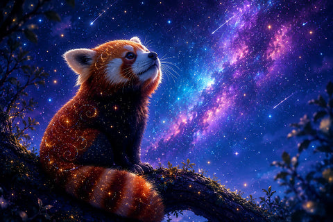 Magical Red Panda Gazing at Starry Night Sky and Milky Way Galaxy