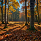 A vibrant autumn forest with a carpet of fallen leaves and a clear blue sky (1)