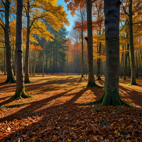 A vibrant autumn forest with a carpet of fallen leaves and a clear blue sky (1)