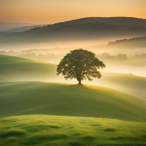 Solitary tree in misty landscape at sunrise