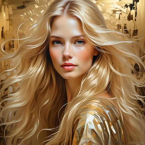 Luxurious Oil Painting of a Beautiful Blond Woman with Gold Foil