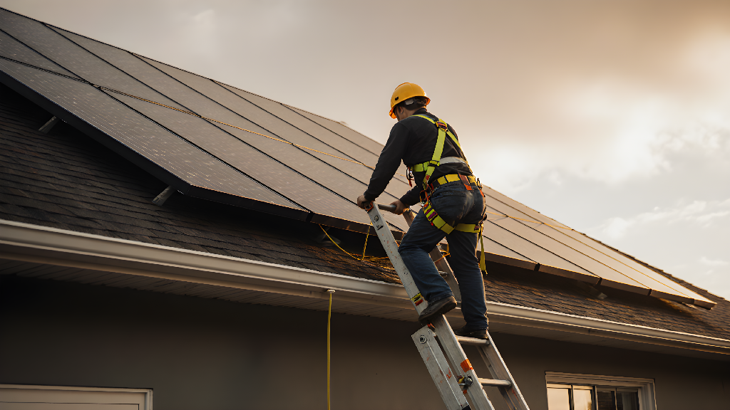 Solar Panel Installation on Residential Roof at Sunset