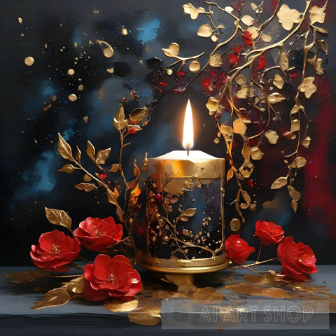 Candle With Red Roses Ai Artwork