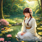 Captivating Serene Anime Girl Amidst Lush Forest And Lake Of Beautiful Water Lilies Contemporary Ai