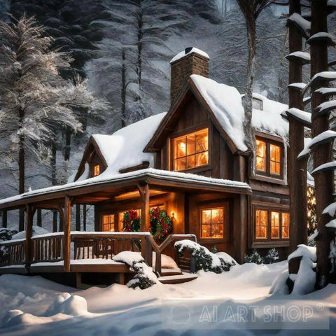 Capture The Warmth And Joy Of Holiday Season With A Cozy Cabin Nestled In Snowy Forest Landscape Ai