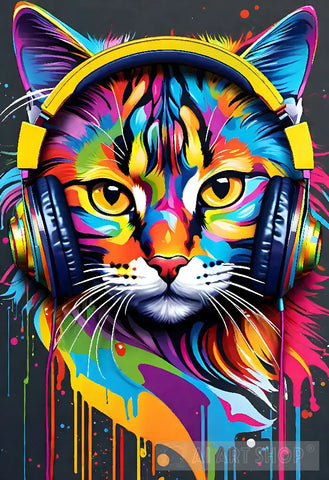 Cat Listens To Music In Headphones Love Pop Art Graffiti Animal Ai Art