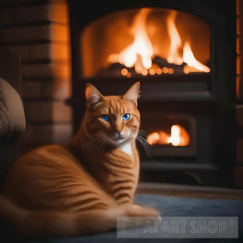 Cat Sitting In Front Of A Fireplace Animal Ai Art