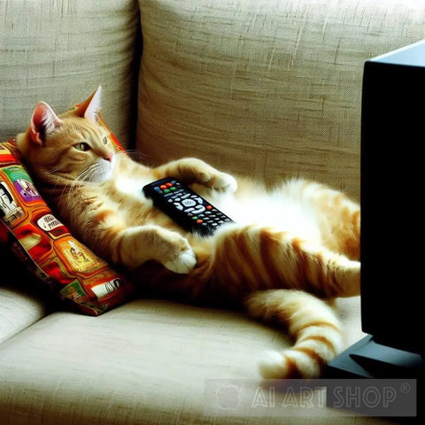 Cat Watching Tv Animal Ai Art