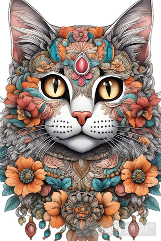 Cat With Colorful Flowers Abstract Ai Art