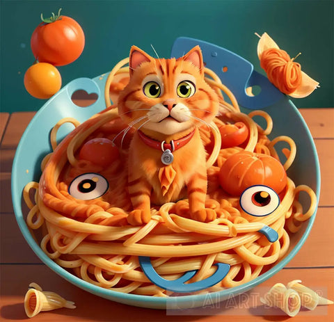 Cat With Long Whiskers Eating Italian Spaghetti Animal Ai Art