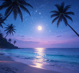 magical beach night photography backdrop with glowing moonlight and palm silhouettes